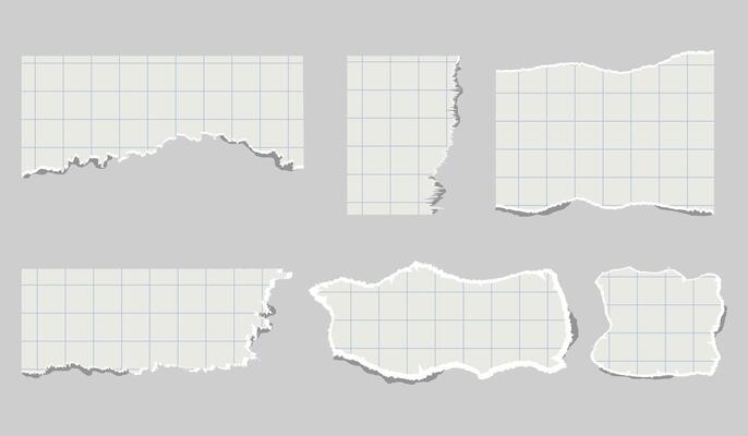 torn pieces of checkered paper. Notebook sheet pieces with torn edges. Ripped checkered Paper Torn Edges. Piece of smooth ripped checkered paper. lined and crumpled effect.
