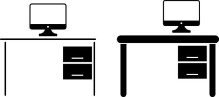 office desk icon set. Office workplace sign. organized office workspace featuring a desk. computer desk setup with monitor and speakers vector
