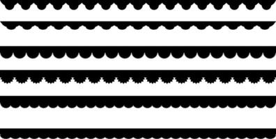 Scalloped seamless set. scallop edge lace borders. Repeat cute vintage frill ornaments. Texture ribbons. black repeated squiggle stroke pack. vector