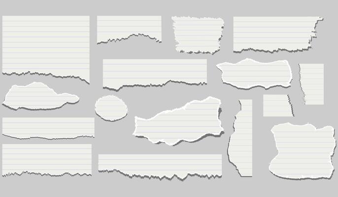 torn pieces of checkered paper. Notebook sheet pieces with torn edges. Ripped checkered Paper Torn Edges. Piece of smooth ripped checkered paper. lined and crumpled effect paper