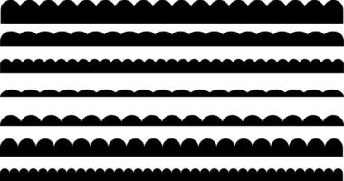 Scalloped seamless set. scallop edge lace borders. Repeat cute vintage frill ornaments. Texture ribbons. black repeated squiggle stroke vector
