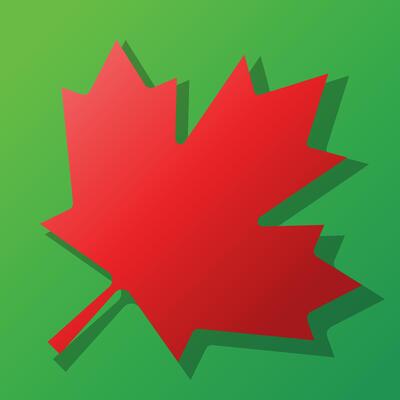 Clean and modern illustration of a red maple leaf against green background, presented with a subtle gradient and a distinct drop shadow for a simple 3D effect.