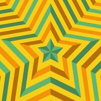Vibrant and dynamic retro star pattern featuring a bold 3D optical illusion. Consists of concentric geometric stars in a classic 70s color palette of yellow, orange, and teal. vector