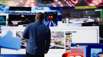 African american person connected in a world of platforms and digital content, future of social engagement, AI driven networks and interactive web experiences. User interface. Camera A. video