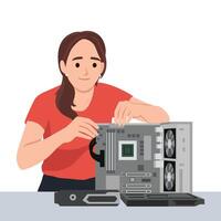 Woman Building a Desktop Computer. vector