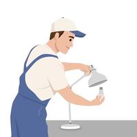 Man Fixing Desk Lamp with Light Bulb. vector