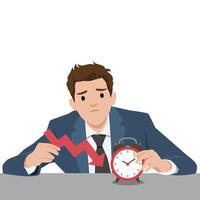 Worried businessman in a suit looks at the clock while holding a downward arrow. vector