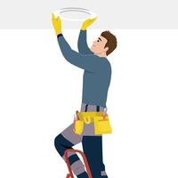Electrician in work gear stands on a ladder, installing or repairing a ceiling light with focus. vector