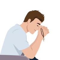 Man Deep in Prayer with Rosary Beads. vector