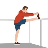 Man stretches his leg on a railing, preparing for physical activity. vector