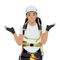 Hiker in safety gear with a helmet and harness raises both hands in a puzzled gesture. vector