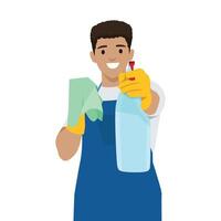 Cheerful cleaner wearing gloves and an apron holds a spray bottle and cleaning cloth. vector