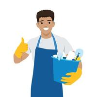 Cleaner in gloves and an apron holds a bucket of cleaning supplies while giving a thumbs up. vector