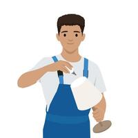 Young man in blue overalls fixes a lamp with a screwdriver, skill and precision in home maintenance. vector