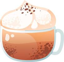 A cup of cappuccino topped with whipped cream and cocoa powder. The drink is served in a clear glass mug vector