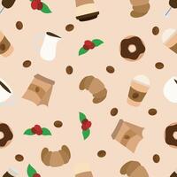 Coffee shop seamless pattern. Endless background, texture design with latte, cappuccino, donut and croissant. vector