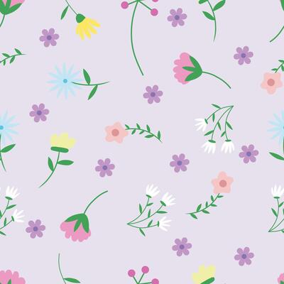Seamless pattern with spring flowers and green leaves on soft blue backgrounds .