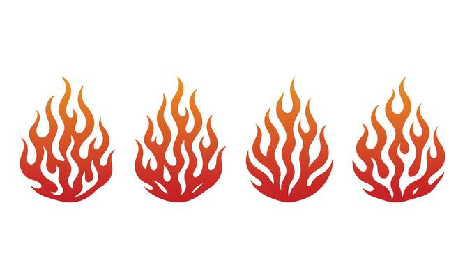 Four Fire Flame Gradient Silhouette Set, Various Type of Fire Flame in stylized red and orange gradient color.