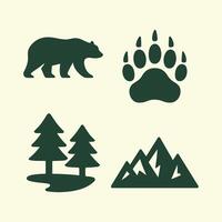 Outdoor adventure Wilderness Icons Set, Bear, Paw Print, Trees, and Mountains icons, illustration. vector