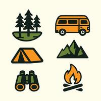 Colorful camping icons Set, Van Mountain, Tant, Fire, binoculars and Tree elements for camping and outdoor travel adventure. vector