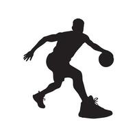 Silhouette of a basketball player dribbling, airborne with the ball, leaping to shoot, action pose, vector