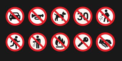 Collection of ten prohibition signs with black icons on a dark background vector