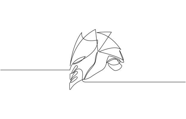 Continuous one line drawing of roman warrior helmet mask, Knight helmet isolated on white background. Line art helmet. One line continuous illustration