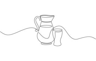 Jug and glass one line drawing on white isolated background illustration, Jug and glass continuous one line drawing. vector