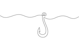 Fishing hook continuous one line drawing illustration, Hook fisherman's equipment icon. Continuous outline of a Fishing hook, Fishing hook line vector