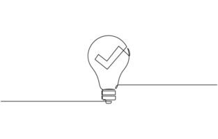 Light bulb with correct mark verify continuous one line drawing, Continuous line drawing check mark icon. Single line confirmation editable outline vector