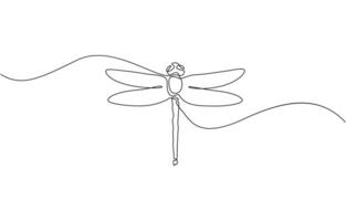 Continuous one line drawing. Flying dragonfly logo. Black and white illustration. Continuous one single minimal line drawing vector