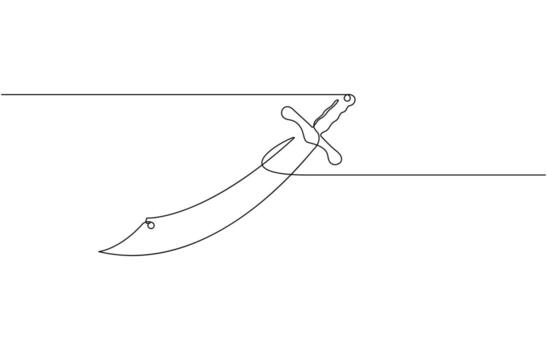 Anggar sword continuous line. Continuous one line drawing anggar sword, Hand holding sword continuous line art drawing. Hand-drawn sword outline. vector