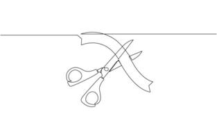 Continuous one line drawing of businessman cutting ribbon for grand opening, Ribbon cutting ceremony for opening event or company concept vector