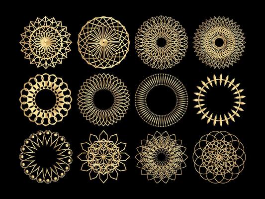 Set of round golden mandalas on black background illustration