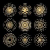 Set of golden mandala patterns on black background illustration. vector