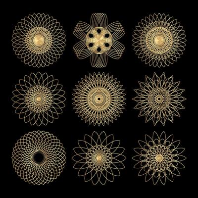 Set of golden mandala patterns on black background illustration.