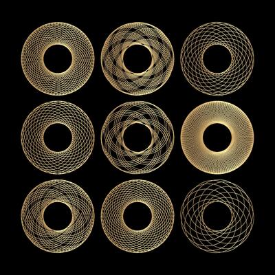 Set of 9 golden rings on a black background illustration.