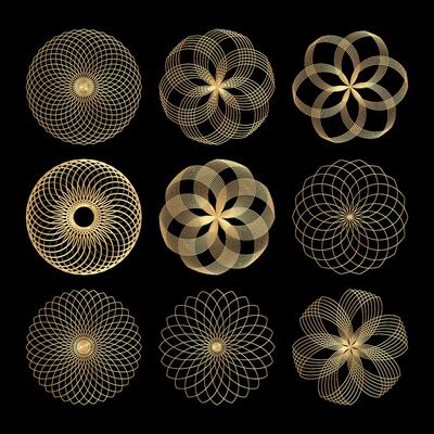 Set of golden circular elements on a black background illustration.