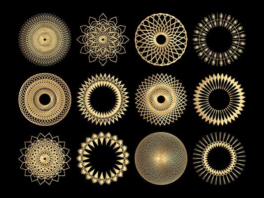 Set of golden ornamental mandalas on black background illustration