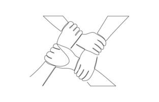 One continuous line drawing group of young male and female business people unite their hands. Continuous line drawing isolated background for Teamwork concept vector