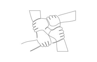 One continuous line drawing group of young male and female business people unite their hands. Continuous line drawing isolated background for Teamwork concept pro design. vector