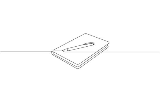 One continuous line drawing of opened book with pen. Studying book and pen for education in simple line. Writing business draft on office notes vector