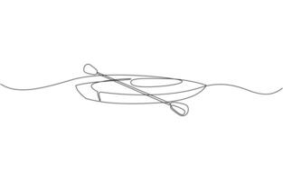 Single continuous line drawing canoe trails and rafting club with kayaking equipment, kayak canoe rowboat sailboat yacht isolated on white background illustration. vector