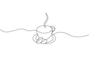 One continuous line drawing Cup of Coffee with coffee beans. A cup of coffee simple outline, Single continuous line drawing of a cup of coffee drink with coffee beans. vector
