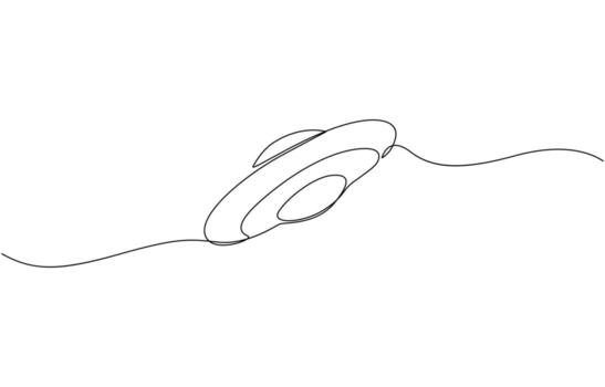 Minimalist One Line Drawing of UFO Unidentified Flying Object in Space. Cute astronauts flying on UFO spaceship. Dynamic one line draw graphic art vector