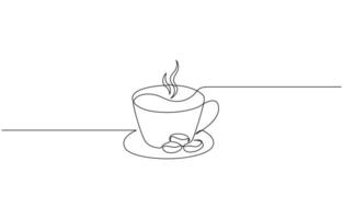 One continuous line drawing Cup of Coffee with coffee beans. A cup of coffee simple outline, Single continuous line drawing of a cup of coffee drink with coffee beans on ceramic. vector