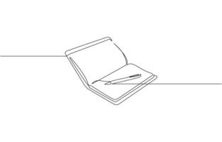 One continuous line drawing of opened book with pen. Studying book and pen for education in simple line. Writing business draft on office notes one line pro and white vector