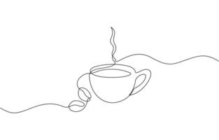 One continuous line drawing Cup of Coffee with coffee beans. A cup of coffee simple outline, Single continuous line drawing of a cup of coffee drink with coffee beans on ceramic coaster vector