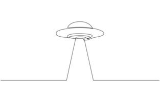 Minimalist One Line Drawing of UFO Unidentified Flying Object in Space. Cute astronauts flying on UFO spaceship. Dynamic one line draw graphic art illustration vector
