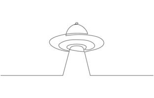 Minimalist One Line Drawing of UFO Unidentified Flying Object in Space. Cute astronauts flying on UFO spaceship. Dynamic one line draw graphic design illustration. vector